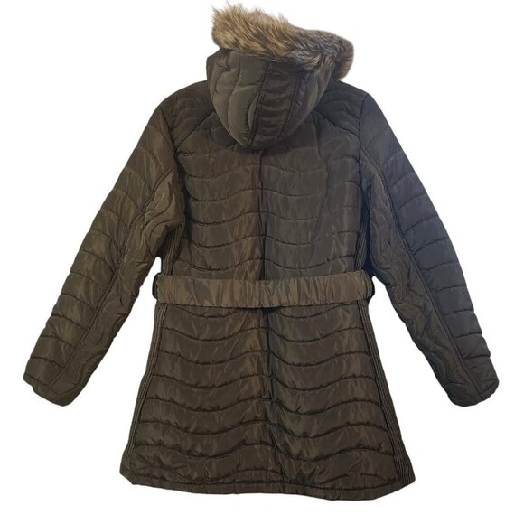Coca Bella Detachable Hooded Faux Fur Belted Jacket Women's Size EG Dark Olive - Picture 2 of 8
